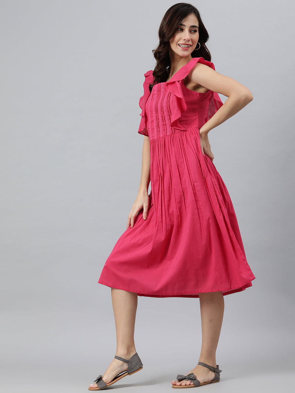 Janasya Women's Pink Cotton Solid Flared Western Dress | Grocsy
