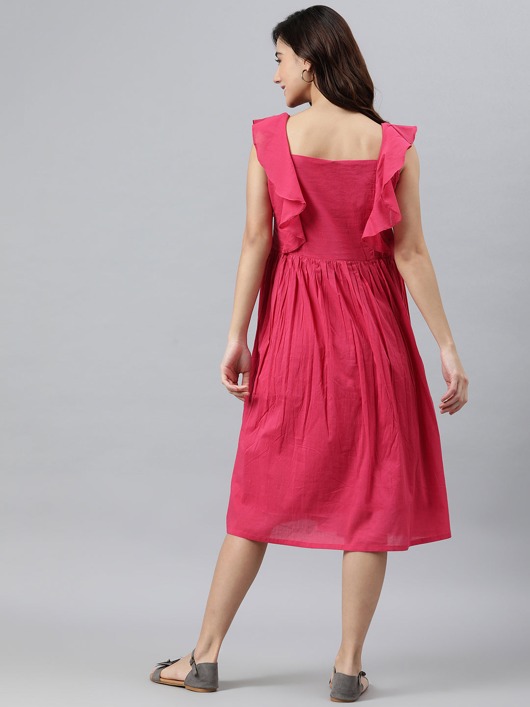 Janasya Women's Pink Cotton Solid Flared Western Dress | Grocsy