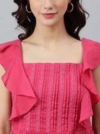 Janasya Women's Pink Cotton Solid Flared Western Dress | Grocsy