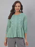 Janasya Women's Sea Green Cotton Embroidered A-Line Top | Grocsy