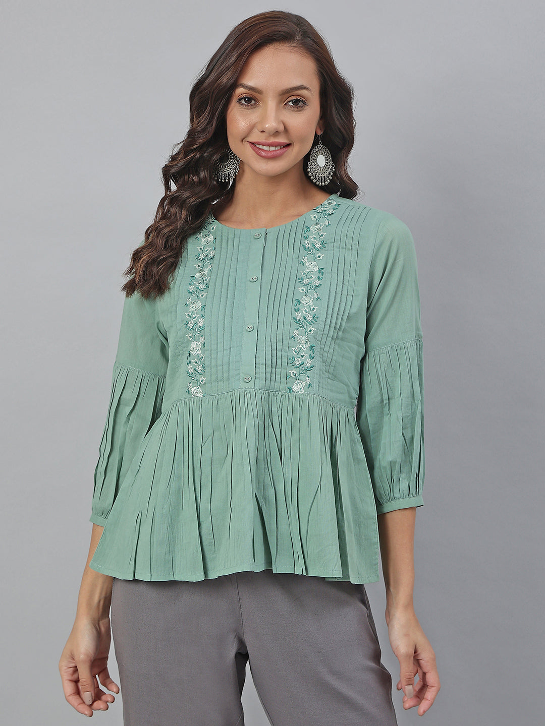 Janasya Women's Sea Green Cotton Embroidered A-Line Top | Grocsy