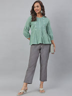 Janasya Women's Sea Green Cotton Embroidered A-Line Top | Grocsy