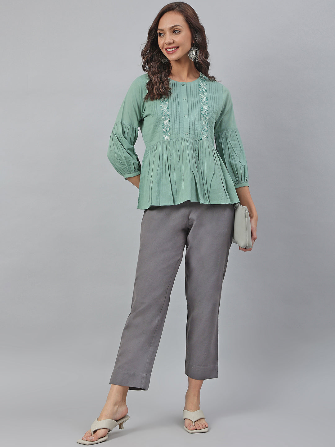 Janasya Women's Sea Green Cotton Embroidered A-Line Top | Grocsy