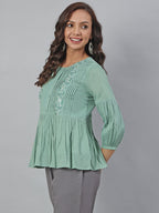 Janasya Women's Sea Green Cotton Embroidered A-Line Top | Grocsy
