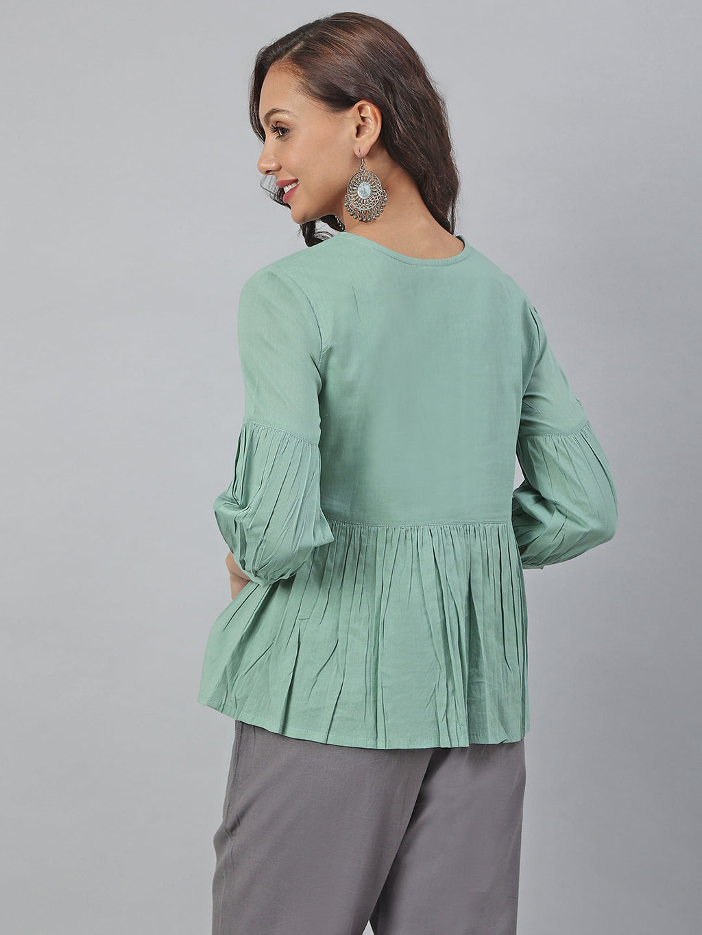 Janasya Women's Sea Green Cotton Embroidered A-Line Top | Grocsy