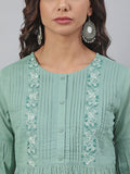 Janasya Women's Sea Green Cotton Embroidered A-Line Top | Grocsy