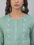 Janasya Women's Sea Green Cotton Embroidered A-Line Top | Grocsy