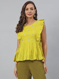 Janasya Women's Yellow Cotton Embroidered Peplum Top | Grocsy