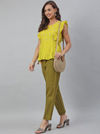 Janasya Women's Yellow Cotton Embroidered Peplum Top | Grocsy