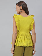 Janasya Women's Yellow Cotton Embroidered Peplum Top | Grocsy