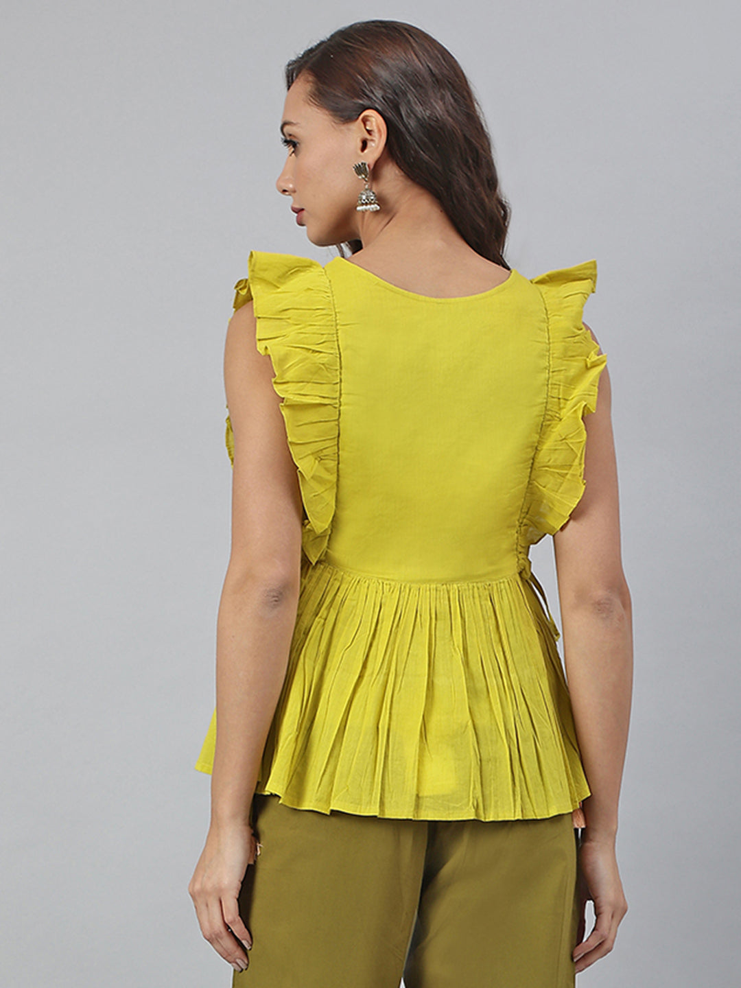 Janasya Women's Yellow Cotton Embroidered Peplum Top | Grocsy