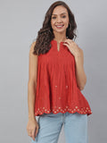 Janasya Women's Maroon Cotton Embroidered A-Line Top | Grocsy