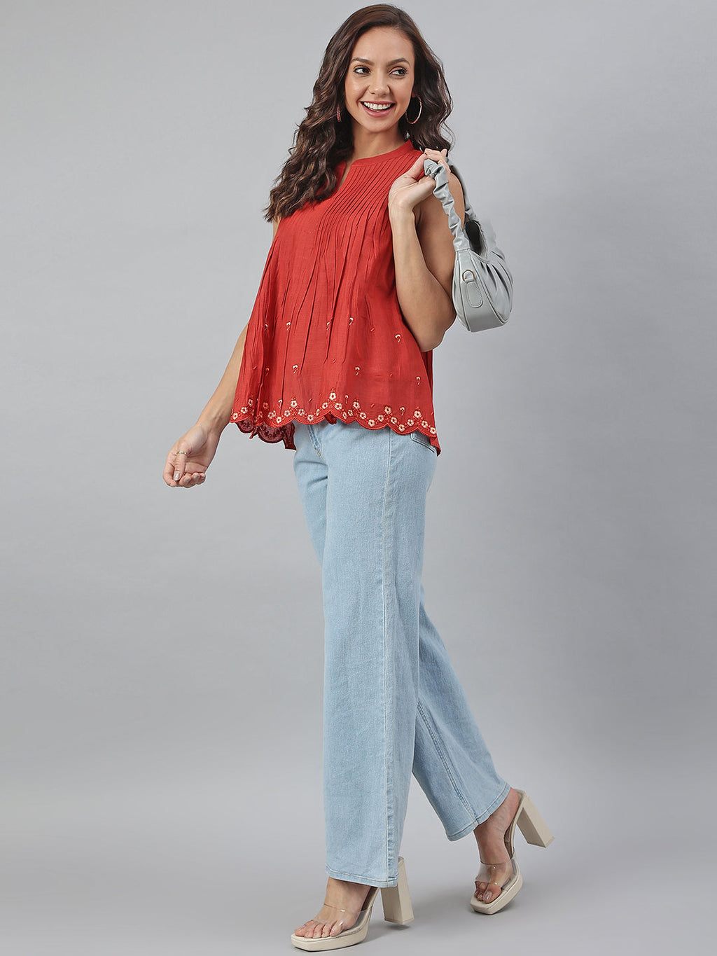Janasya Women's Maroon Cotton Embroidered A-Line Top | Grocsy