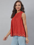 Janasya Women's Maroon Cotton Embroidered A-Line Top | Grocsy