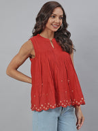 Janasya Women's Maroon Cotton Embroidered A-Line Top | Grocsy