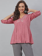Janasya Women's Pink Cotton Embroidered Fit and Flared Top | Grocsy
