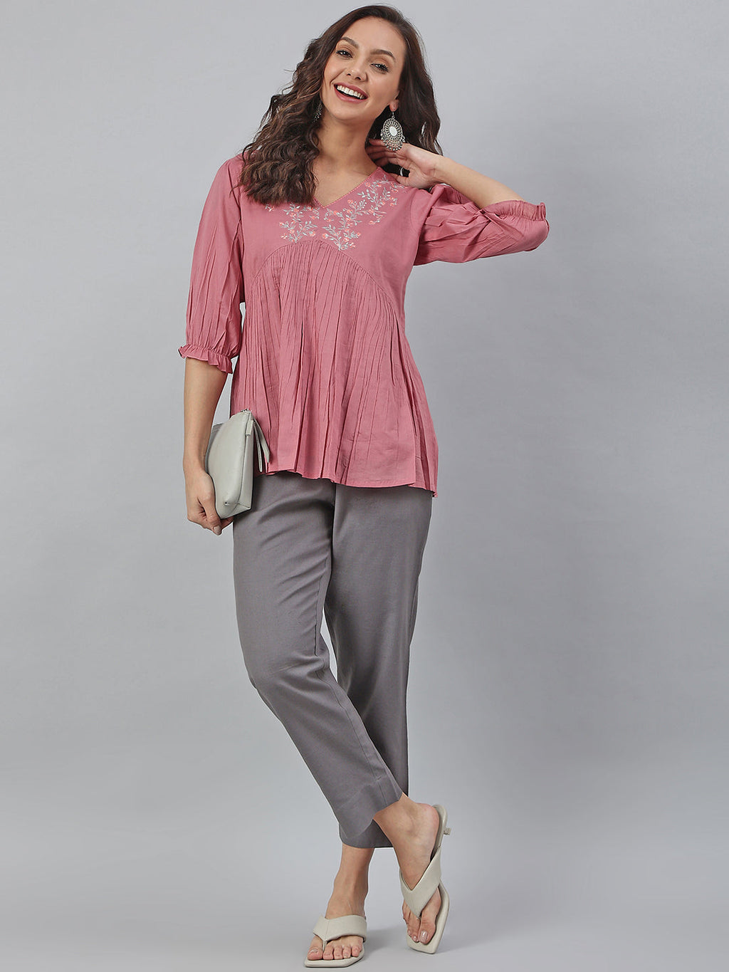 Janasya Women's Pink Cotton Embroidered Fit and Flared Top | Grocsy