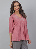 Janasya Women's Pink Cotton Embroidered Fit and Flared Top | Grocsy