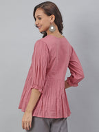 Janasya Women's Pink Cotton Embroidered Fit and Flared Top | Grocsy