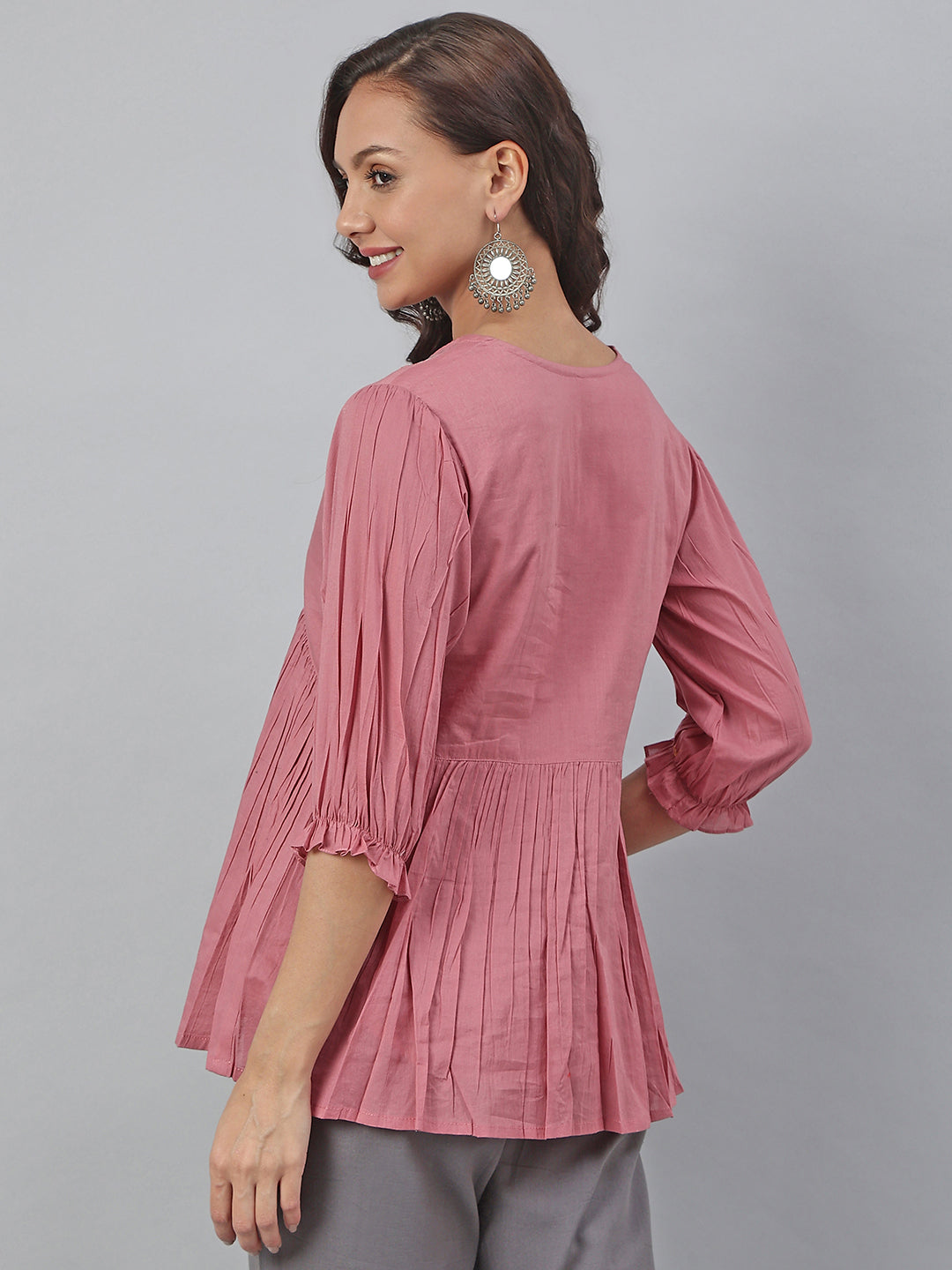 Janasya Women's Pink Cotton Embroidered Fit and Flared Top | Grocsy