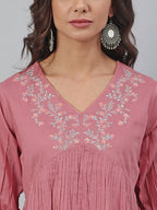 Janasya Women's Pink Cotton Embroidered Fit and Flared Top | Grocsy