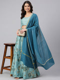 Janasya Women's Sea Green Poly Silk Gold Print Lehenga Choli With Dupatta | Grocsy