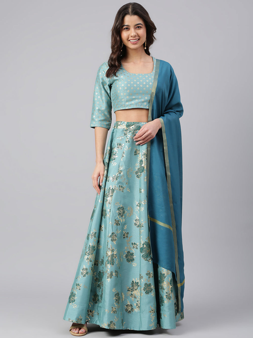 Janasya Women's Sea Green Poly Silk Gold Print Lehenga Choli With Dupatta | Grocsy