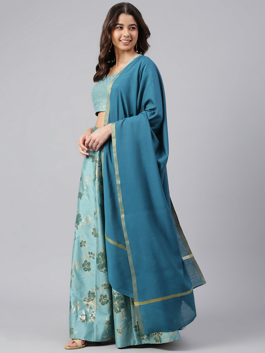 Janasya Women's Sea Green Poly Silk Gold Print Lehenga Choli With Dupatta | Grocsy
