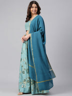Janasya Women's Sea Green Poly Silk Gold Print Lehenga Choli With Dupatta | Grocsy