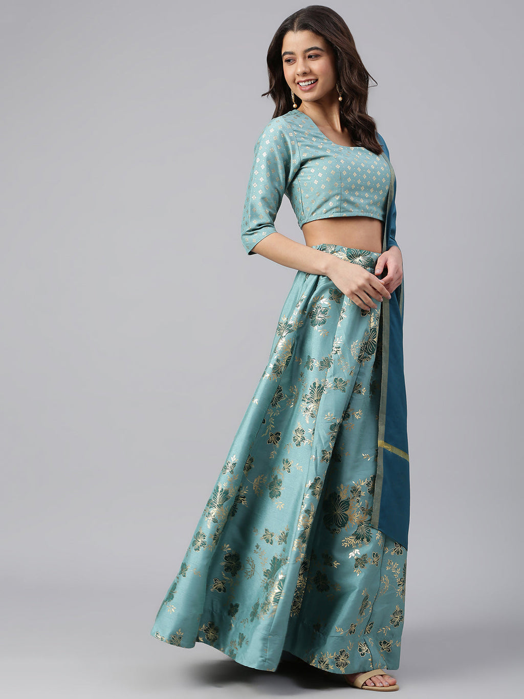 Janasya Women's Sea Green Poly Silk Gold Print Lehenga Choli With Dupatta | Grocsy