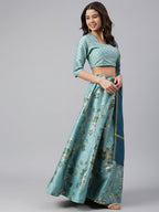 Janasya Women's Sea Green Poly Silk Gold Print Lehenga Choli With Dupatta | Grocsy