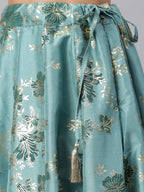 Janasya Women's Sea Green Poly Silk Gold Print Lehenga Choli With Dupatta | Grocsy