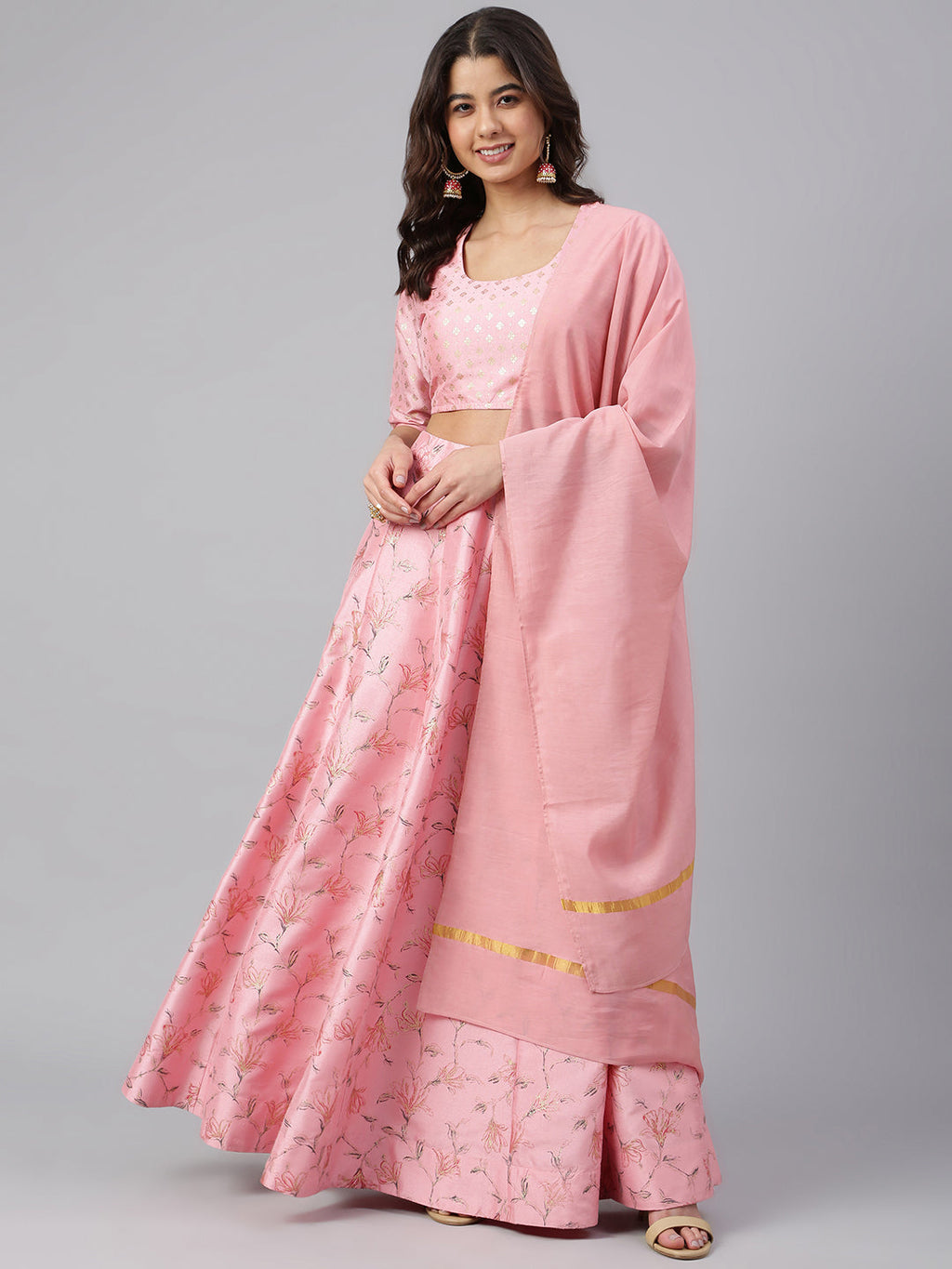 Janasya Women's Pink Poly Silk Gold Print Lehenga Choli With Dupatta | Grocsy