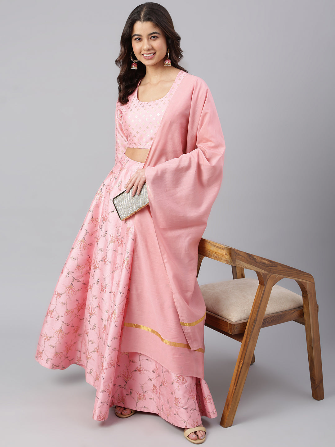 Janasya Women's Pink Poly Silk Gold Print Lehenga Choli With Dupatta | Grocsy