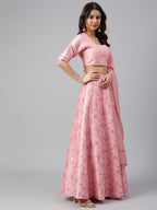 Janasya Women's Pink Poly Silk Gold Print Lehenga Choli With Dupatta | Grocsy