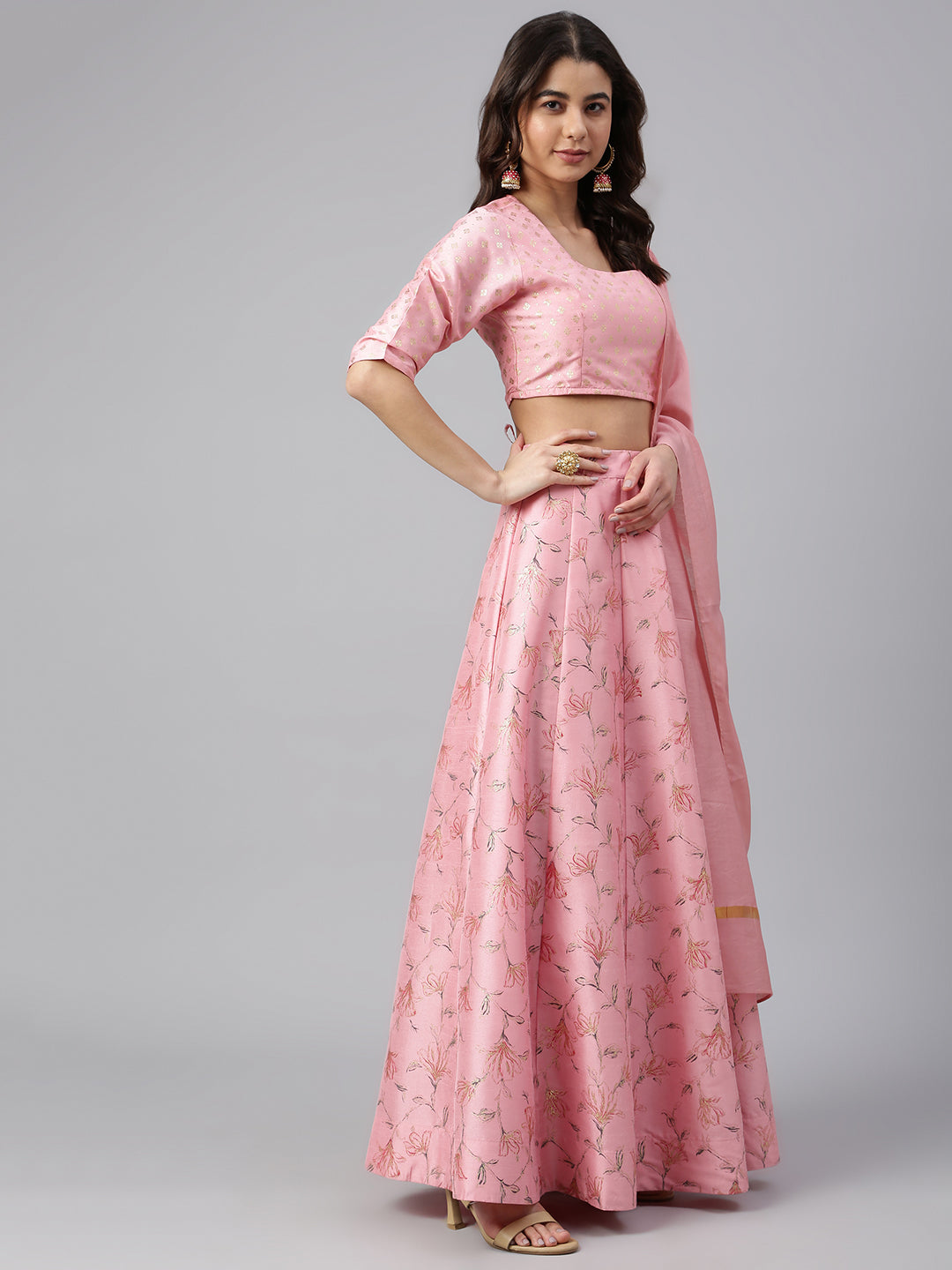 Janasya Women's Pink Poly Silk Gold Print Lehenga Choli With Dupatta | Grocsy