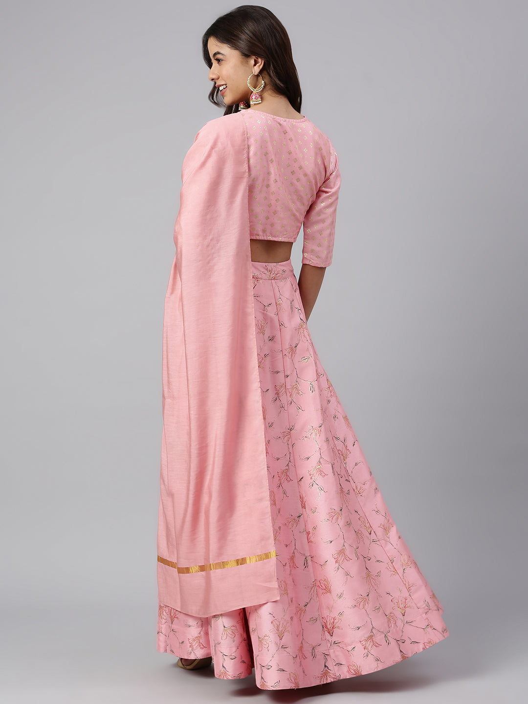 Janasya Women's Pink Poly Silk Gold Print Lehenga Choli With Dupatta | Grocsy