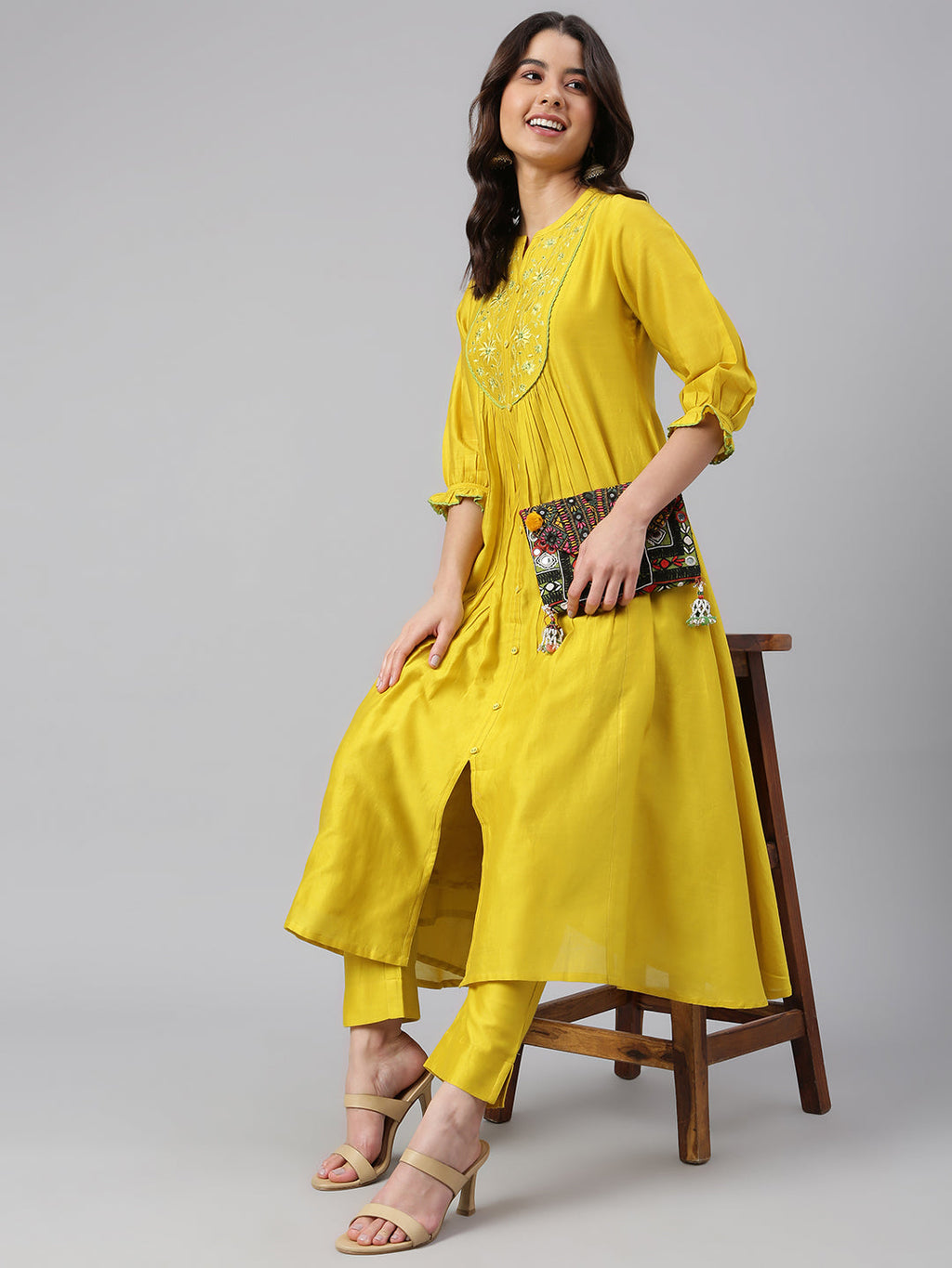 Janasya Women's Yellow Crepe Silk Solid Kurta With Pant | Grocsy