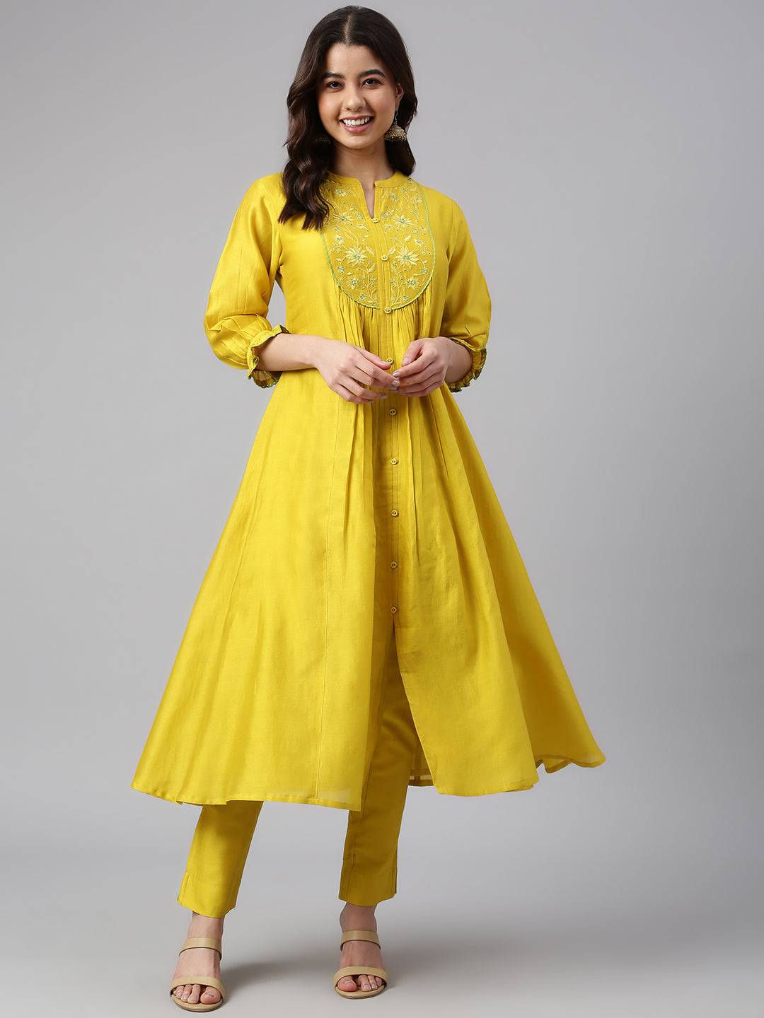 Janasya Women's Yellow Crepe Silk Solid Kurta With Pant | Grocsy