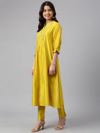 Janasya Women's Yellow Crepe Silk Solid Kurta With Pant | Grocsy