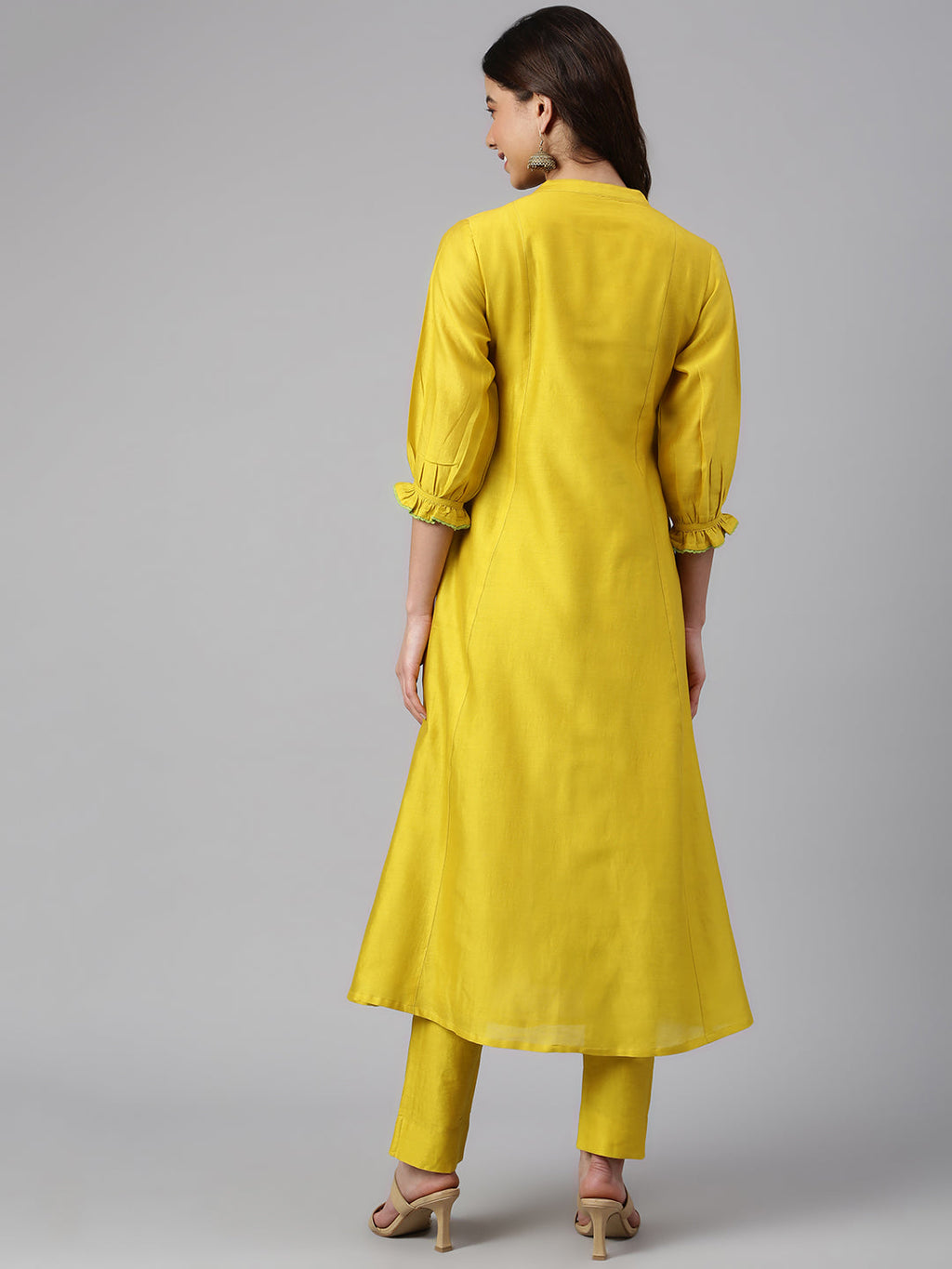 Janasya Women's Yellow Crepe Silk Solid Kurta With Pant | Grocsy