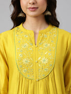 Janasya Women's Yellow Crepe Silk Solid Kurta With Pant | Grocsy