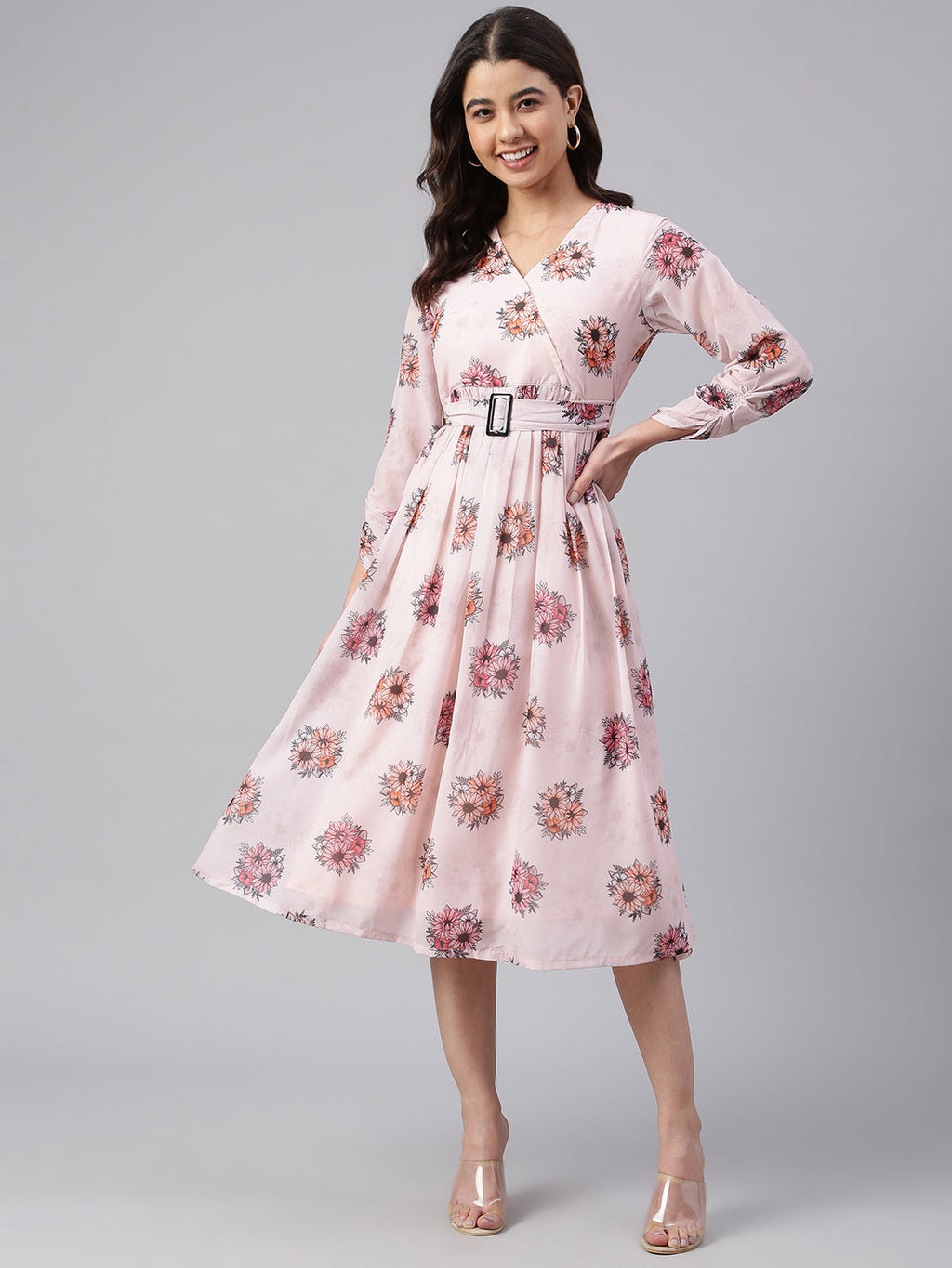 Janasya Women's Peach Georgette Floral Printed Flared Western Dress | Grocsy