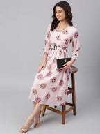 Janasya Women's Peach Georgette Floral Printed Flared Western Dress | Grocsy
