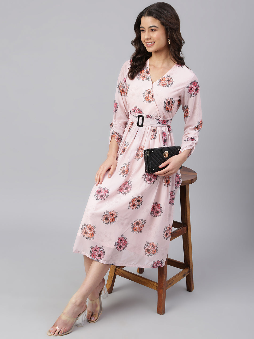 Janasya Women's Peach Georgette Floral Printed Flared Western Dress | Grocsy