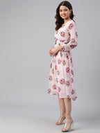 Janasya Women's Peach Georgette Floral Printed Flared Western Dress | Grocsy