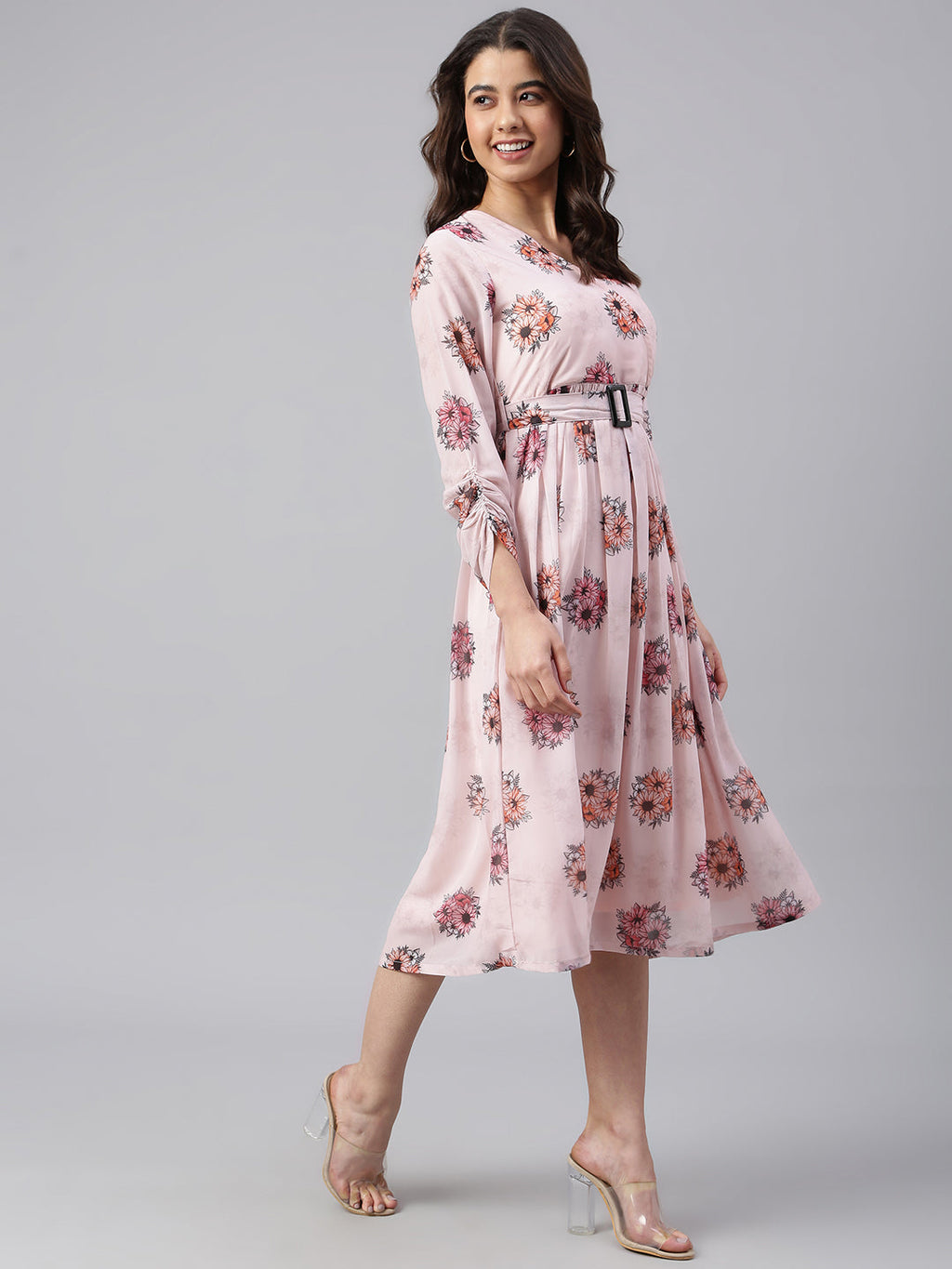 Janasya Women's Peach Georgette Floral Printed Flared Western Dress | Grocsy