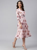 Janasya Women's Peach Georgette Floral Printed Flared Western Dress | Grocsy