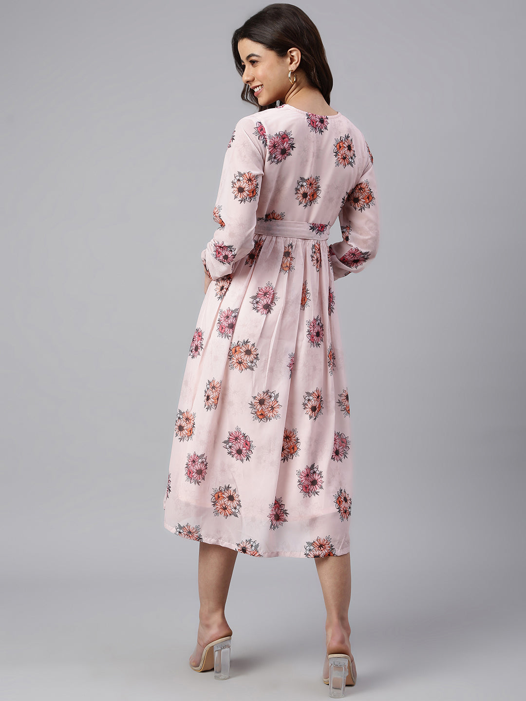 Janasya Women's Peach Georgette Floral Printed Flared Western Dress | Grocsy