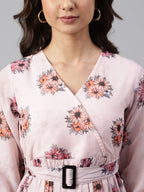 Janasya Women's Peach Georgette Floral Printed Flared Western Dress | Grocsy